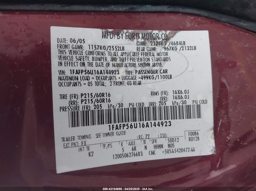 2006 FORD TAURUS VIN: 1FAFP56U16A144923