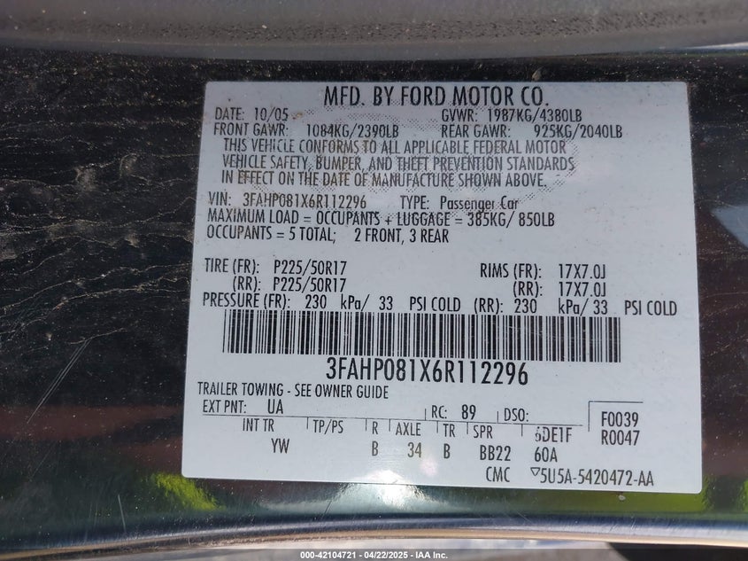 2006 FORD FUSION VIN: 3FAHP081X6R112296