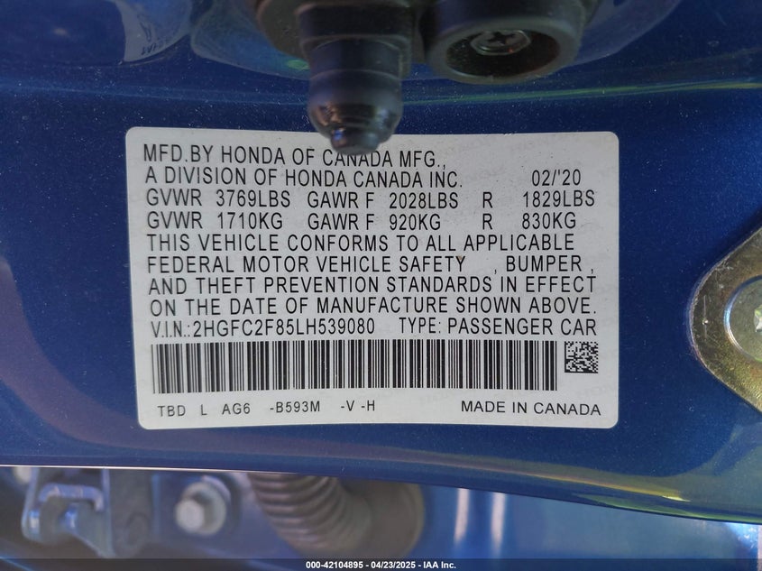 2020 HONDA CIVIC VIN: 2HGFC2F85LH539080