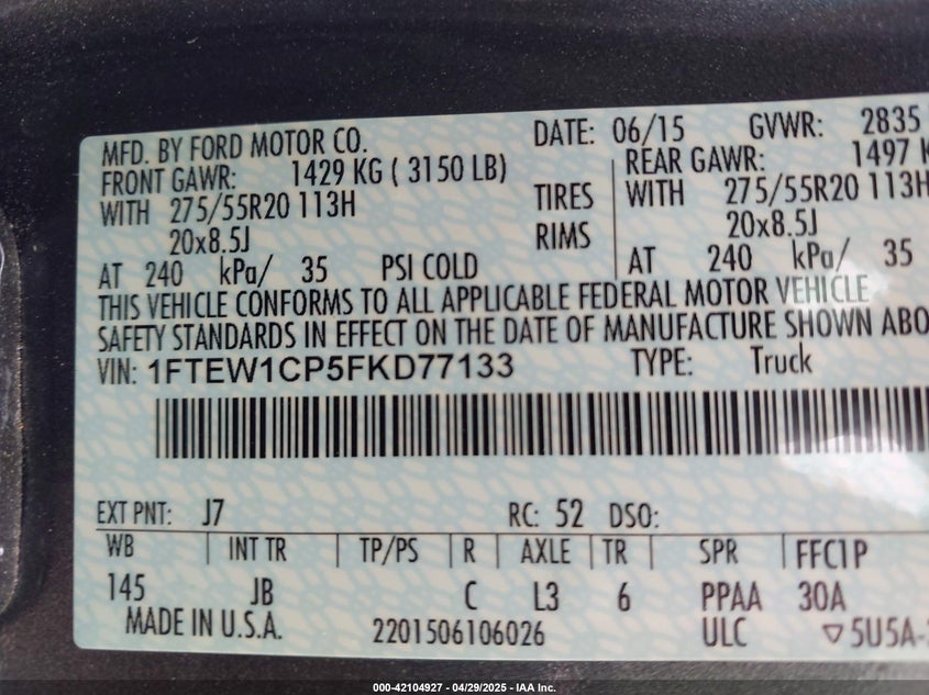 2015 FORD F-150 VIN: 1FTEW1CP5FKD77133