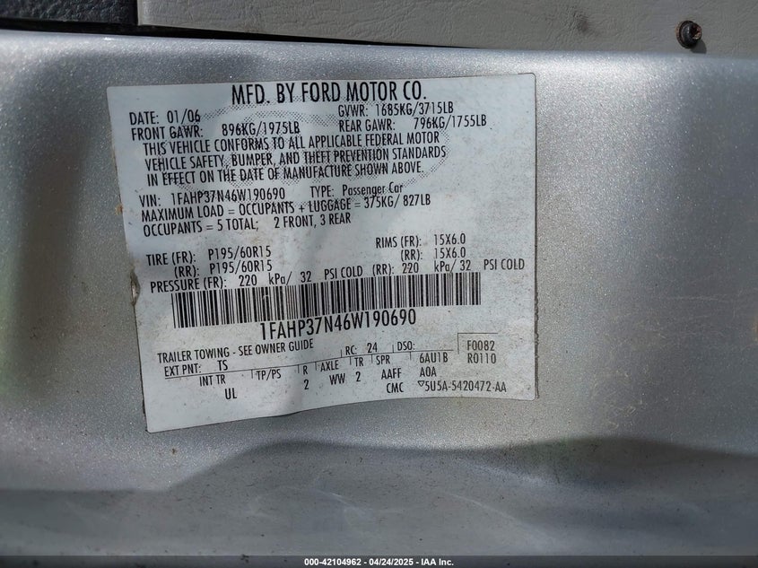 2006 FORD FOCUS VIN: 1FAHP37N46W190690