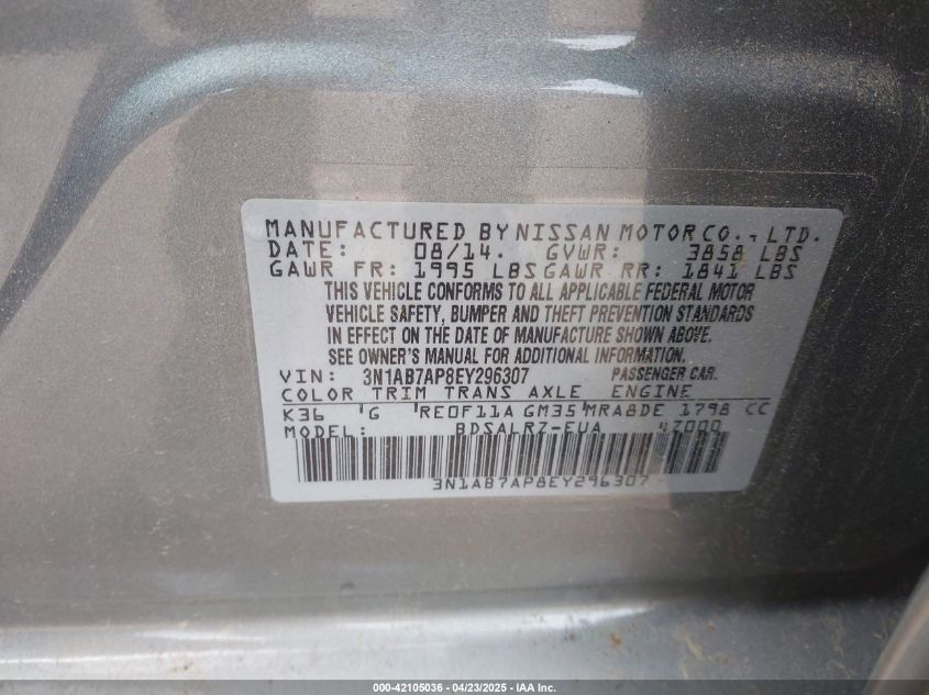 2014 Nissan Sentra VIN: 3N1AB78P8EY296307 Lot: 42105036