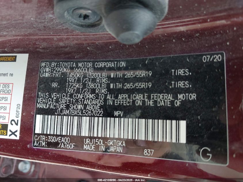 2020 Lexus Gx 460 Premium VIN: JTJAM7BX5L5267022 Lot: 42105096