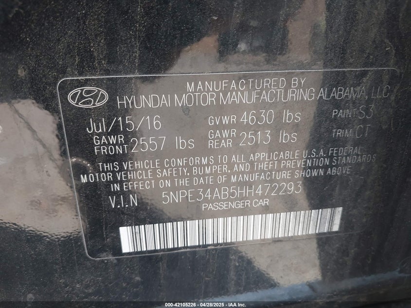 2017 HYUNDAI SONATA VIN: 5NPE34AB5HH472293