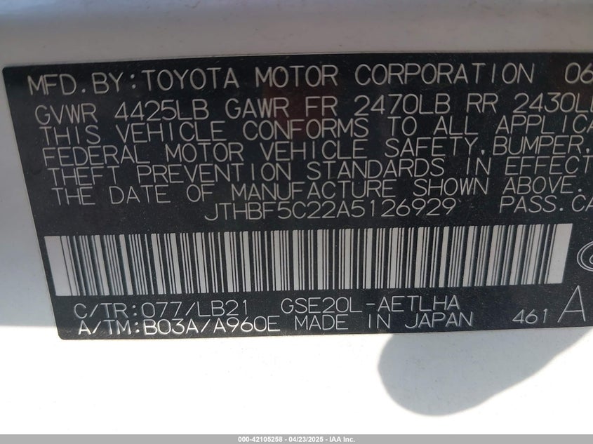 2010 LEXUS IS VIN: JTHBF5C22A5126929