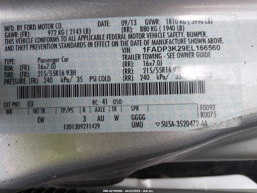 2014 FORD FOCUS VIN: 1FADP3K29EL166560