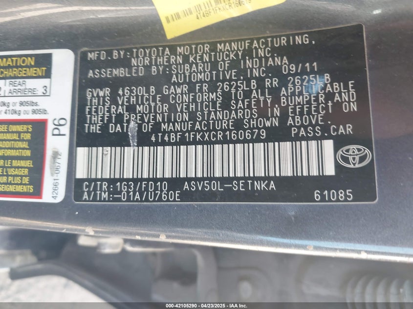 2012 TOYOTA CAMRY VIN: 4T4BF1FKXCR160679