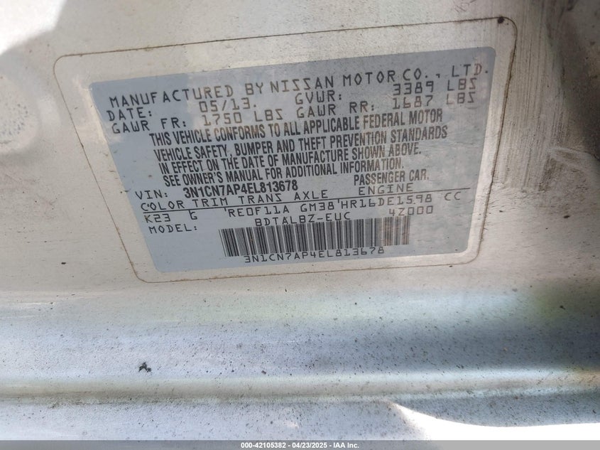 2014 NISSAN VERSA VIN: 3N1CN7AP4EL813678