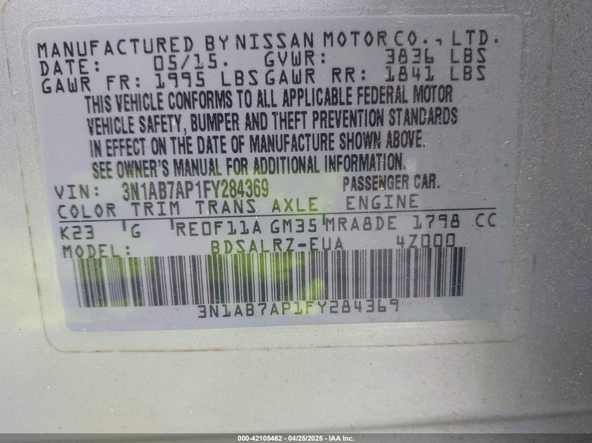 2015 NISSAN SENTRA VIN: 3N1AB7AP1FY284369