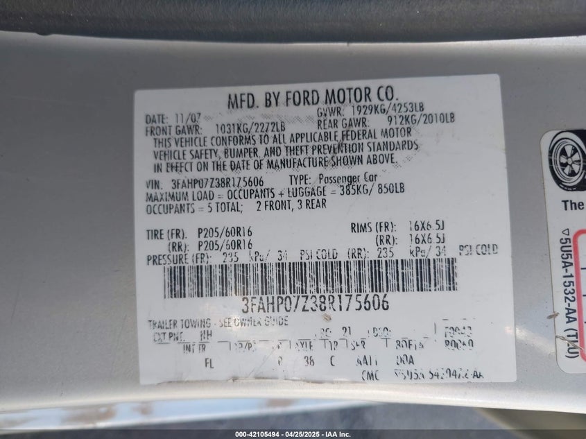 2008 FORD FUSION VIN: 3FAHP07Z38R175606
