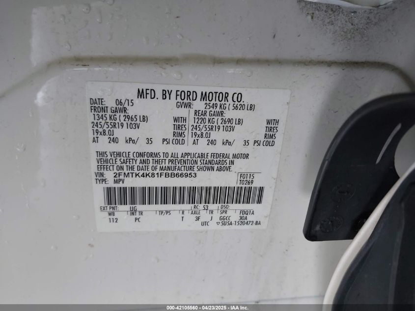 2015 Ford Edge Titanium VIN: 2FMTK4K81FBB66953 Lot: 42105560