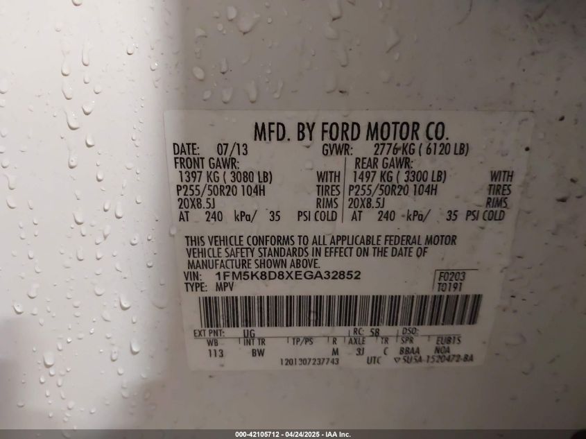 2014 Ford Explorer Xlt VIN: 1FM5K8D8XEGA32852 Lot: 42105712