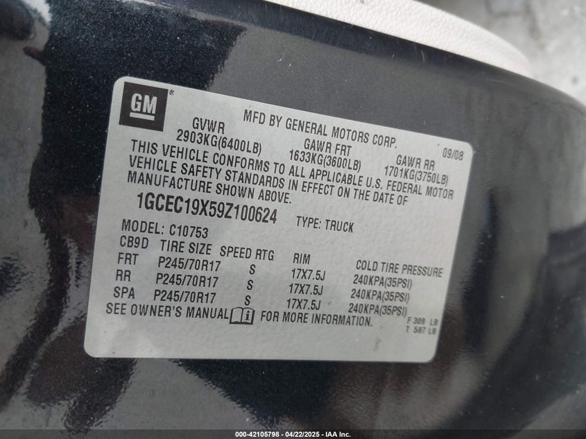 2009 CHEVROLET SILVERADO 1500 VIN: 1GCEC19X59Z100624
