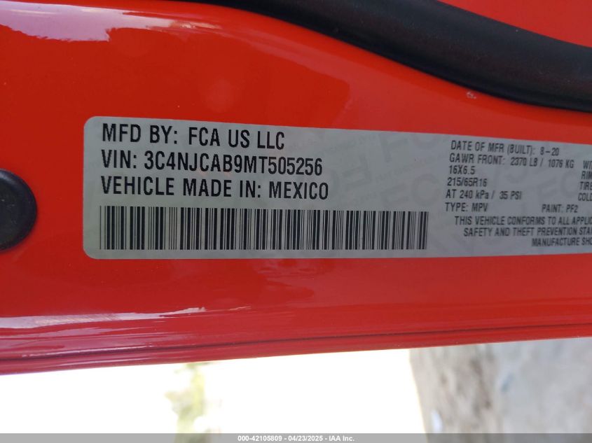 2021 Jeep Compass Sport Fwd VIN: 3C4NJCAB9MT505256 Lot: 42105809