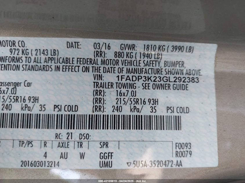 2016 FORD FOCUS SE - 1FADP3K23GL292383