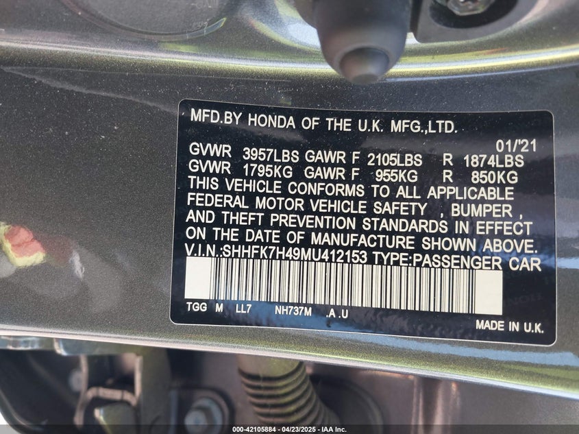2021 HONDA CIVIC VIN: SHHFK7H49MU412153