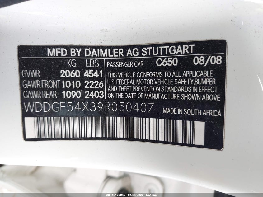 2009 MERCEDES-BENZ C VIN: WDDGF54X39R050407