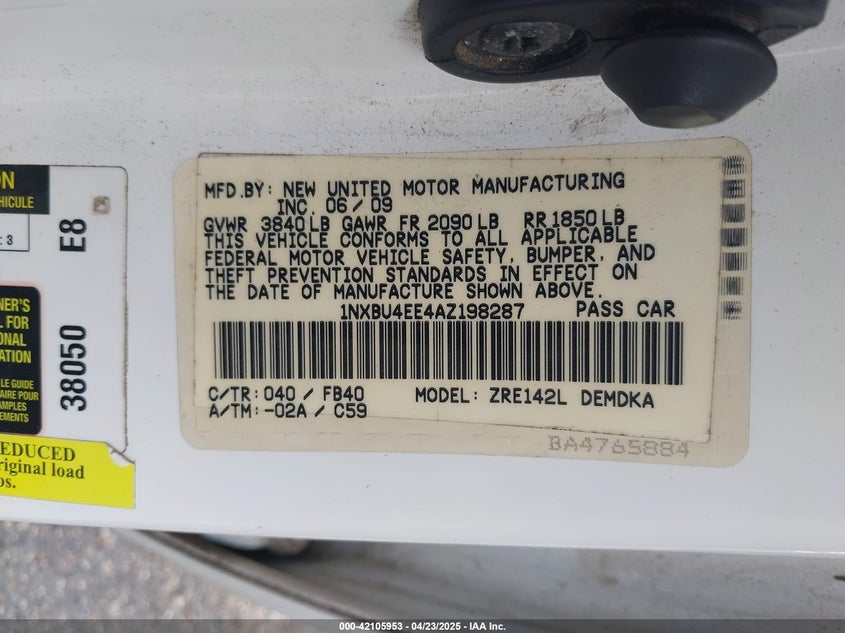 2010 TOYOTA COROLLA VIN: 1NXBU4EE4AZ198287