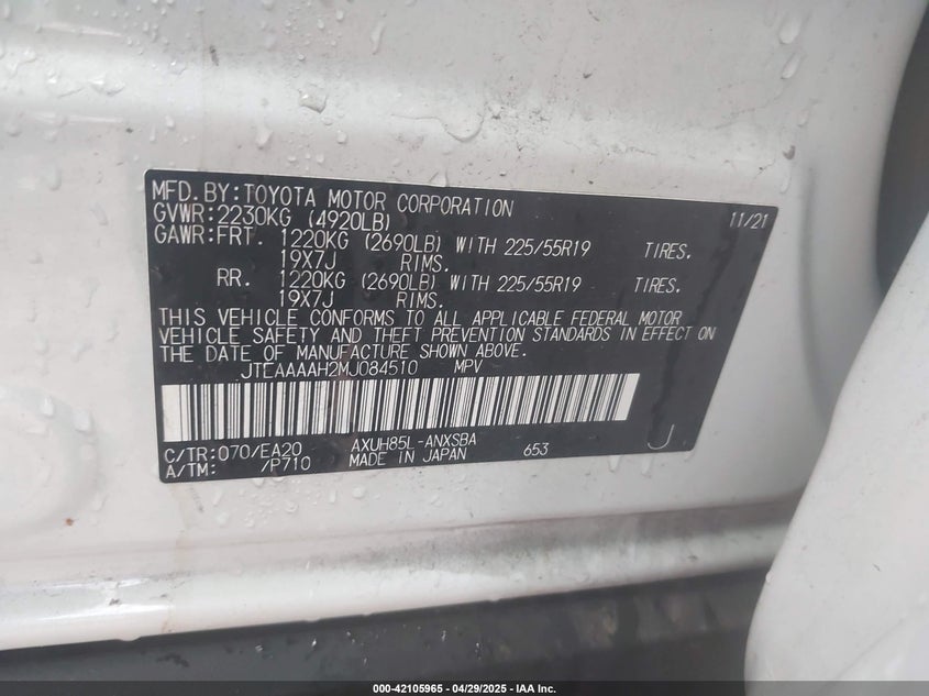 VIN JTEAAAAH2MJ084510 2021 TOYOTA VENZA LE/XLE/LIMITED