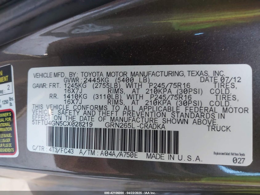 2012 TOYOTA TACOMA VIN: 5TFTU4GN5CX028219