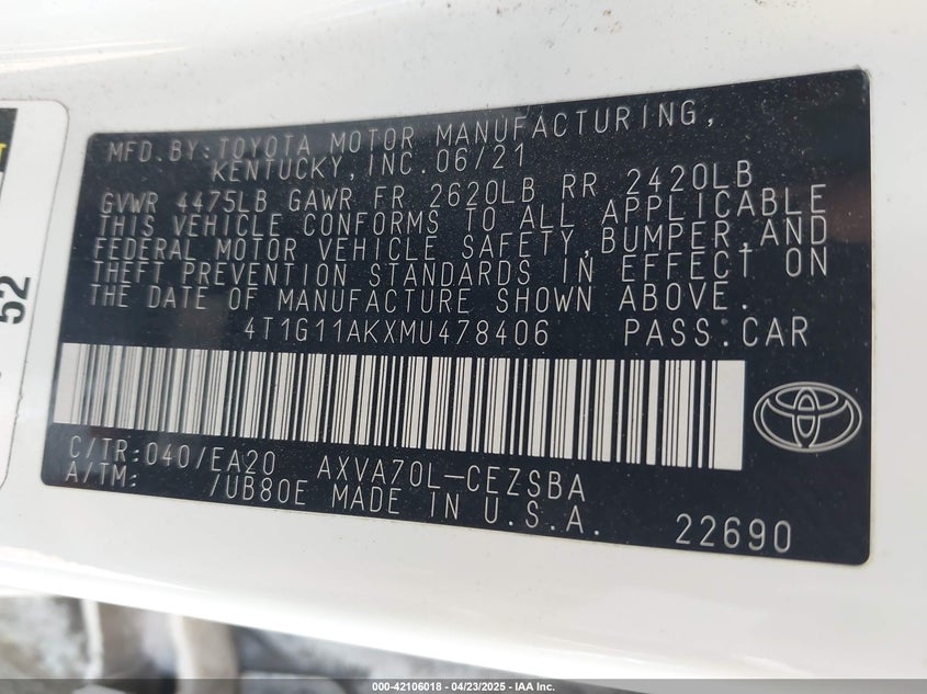 2021 TOYOTA CAMRY VIN: 4T1G11AKXMU478406