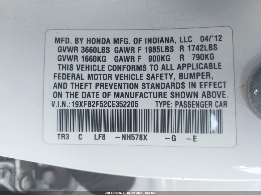 2012 HONDA CIVIC VIN: 19XFB2F52CE352205