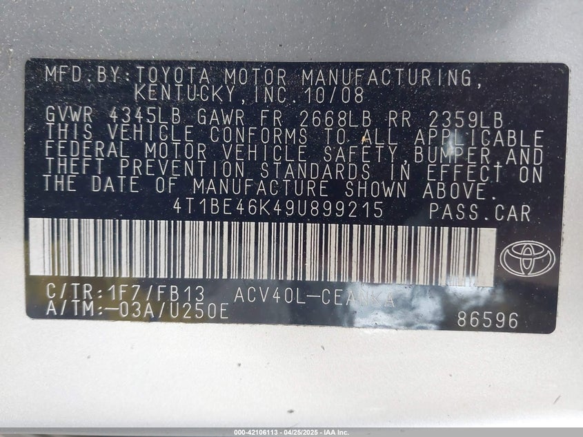 2009 TOYOTA CAMRY VIN: 4T1BE46K49U899215