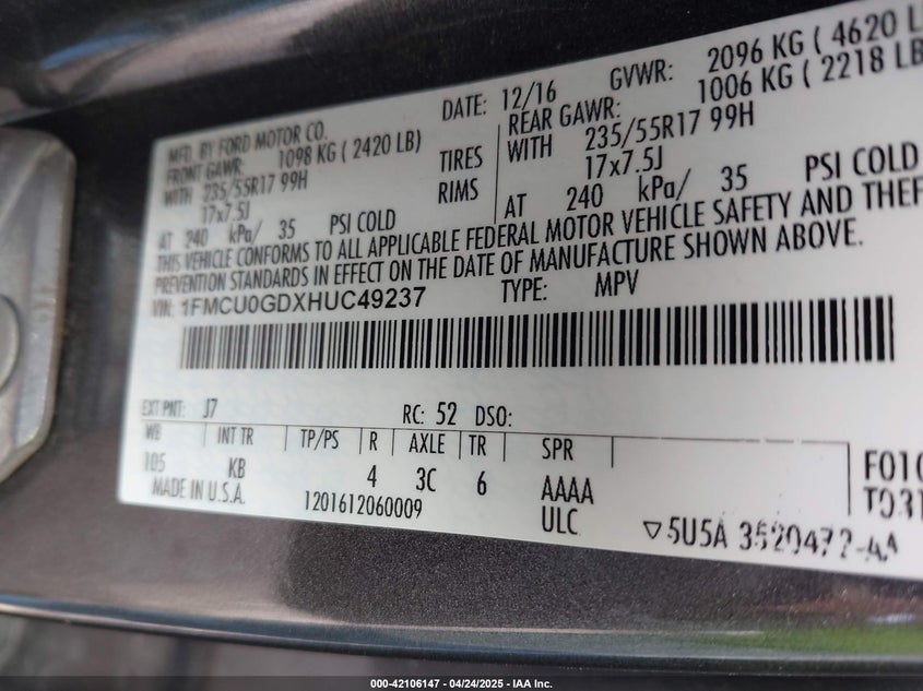 2017 FORD ESCAPE VIN: 1FMCU0GDXHUC49237