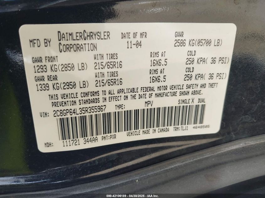 2005 Chrysler Town & Country Limited VIN: 2C8GP64L35R355967 Lot: 42106189