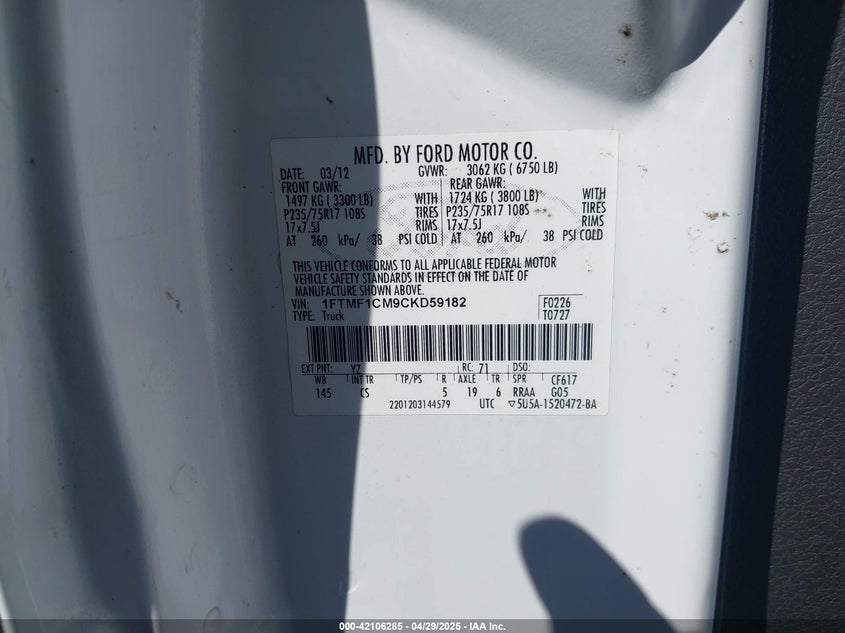 2012 FORD F-150 VIN: 1FTMF1CM9CKD59182