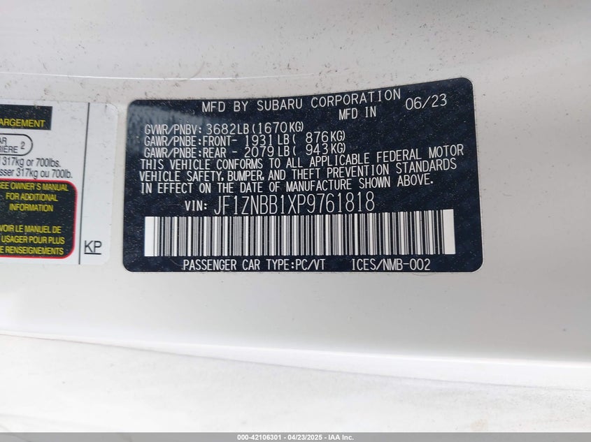 2023 TOYOTA GR86 VIN: JF1ZNBB1XP9761818