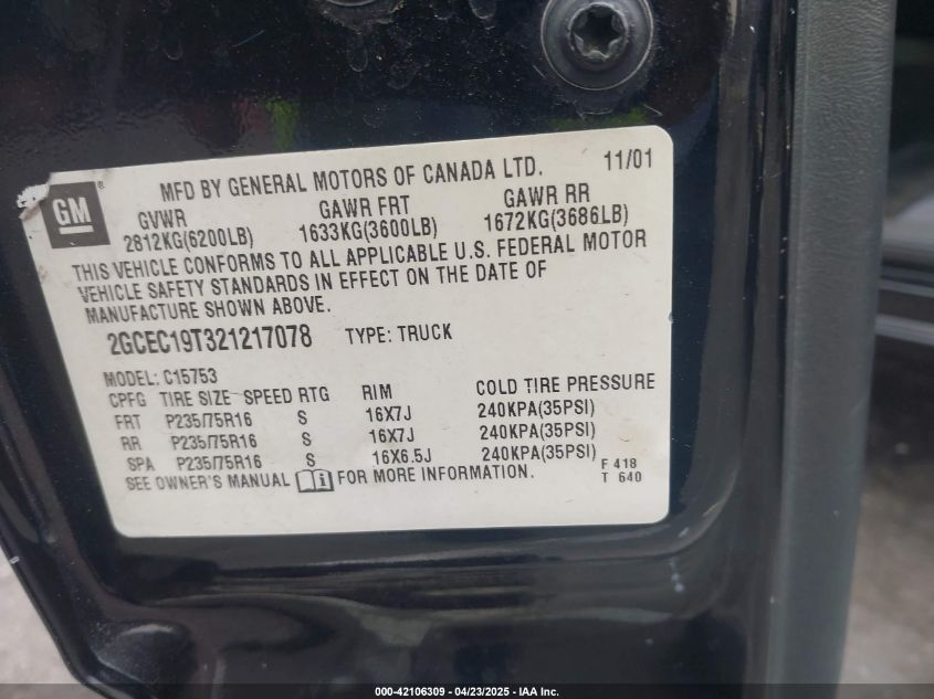 2002 Chevrolet Silverado 1500 Ls VIN: 2GCEC19T321217078 Lot: 42106309