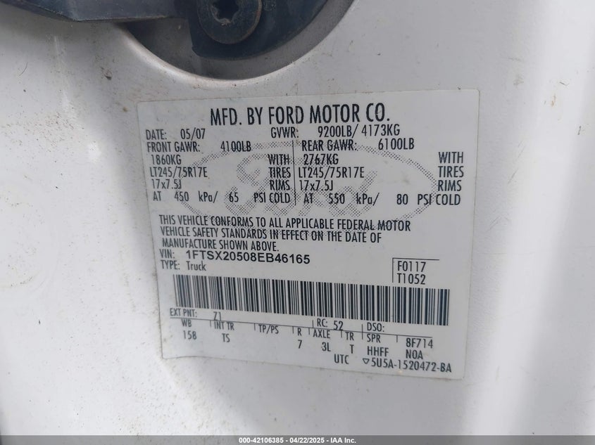 2008 Ford F-250 Lariat/Xl/Xlt VIN: 1FTSX20508EB46165 Lot: 42106385