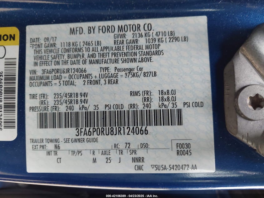 2018 FORD FUSION HYBRID VIN: 3FA6P0RU8JR124066