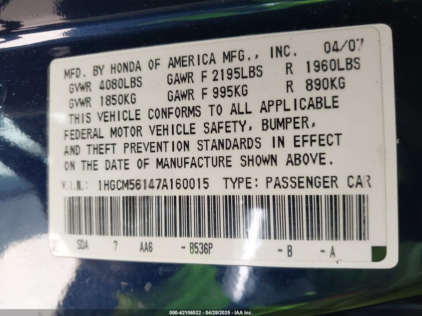 2007 HONDA ACCORD VIN: 1HGCM56147A160015