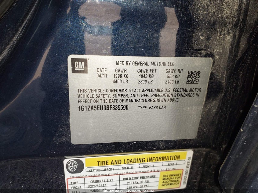 2011 CHEVROLET MALIBU VIN: 1G1ZA5EU0BF339590