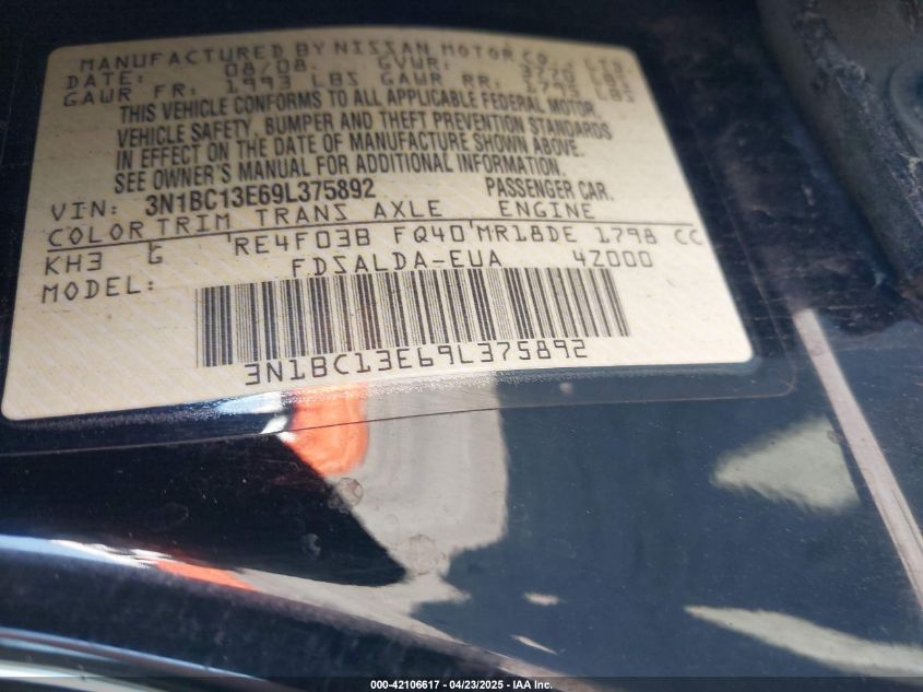 2009 Nissan Versa 1.8S VIN: 3N1BC13E69L375892 Lot: 42106617