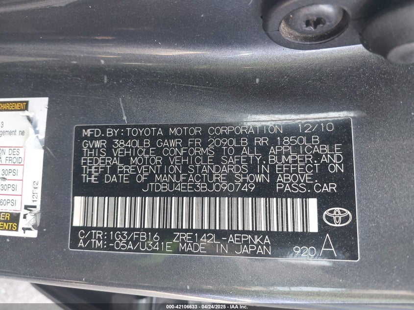 2011 TOYOTA COROLLA VIN: JTDBU4EE3BJ090749