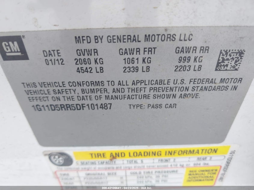 2013 Chevrolet Malibu Eco VIN: 1G11D5RR5DF101487 Lot: 42106641