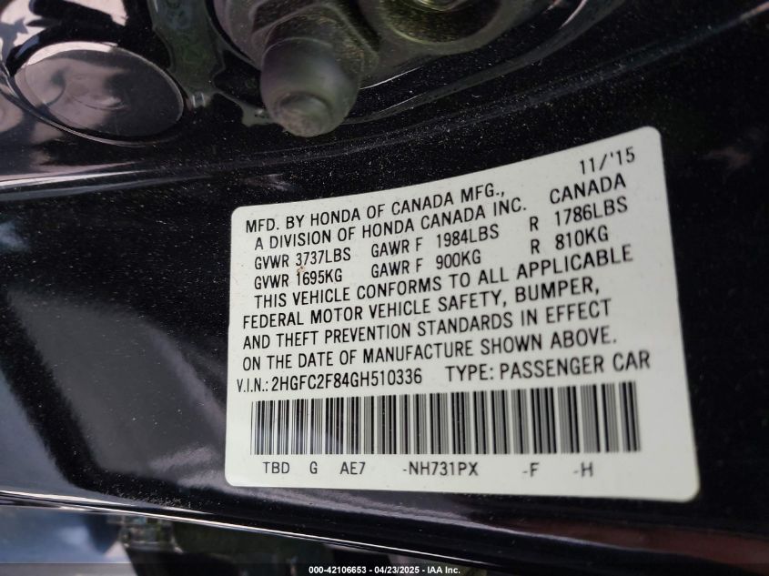 2016 Honda Civic Ex VIN: 2HGFC2F84GH510336 Lot: 42106653