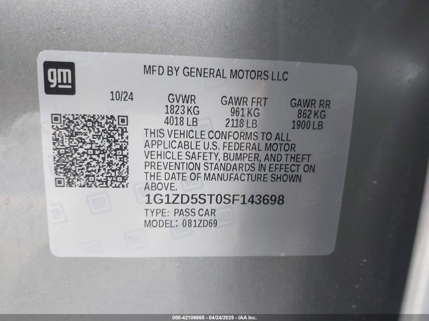 2025 CHEVROLET MALIBU VIN: 1G1ZD5ST0SF143698