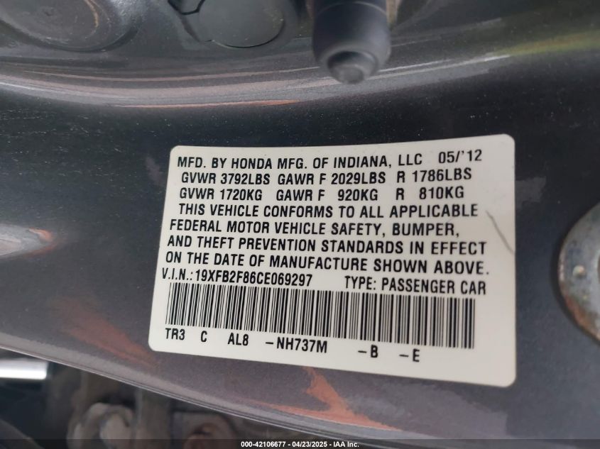 2012 Honda Civic Ex VIN: 19XFB2F86CE069297 Lot: 42106677