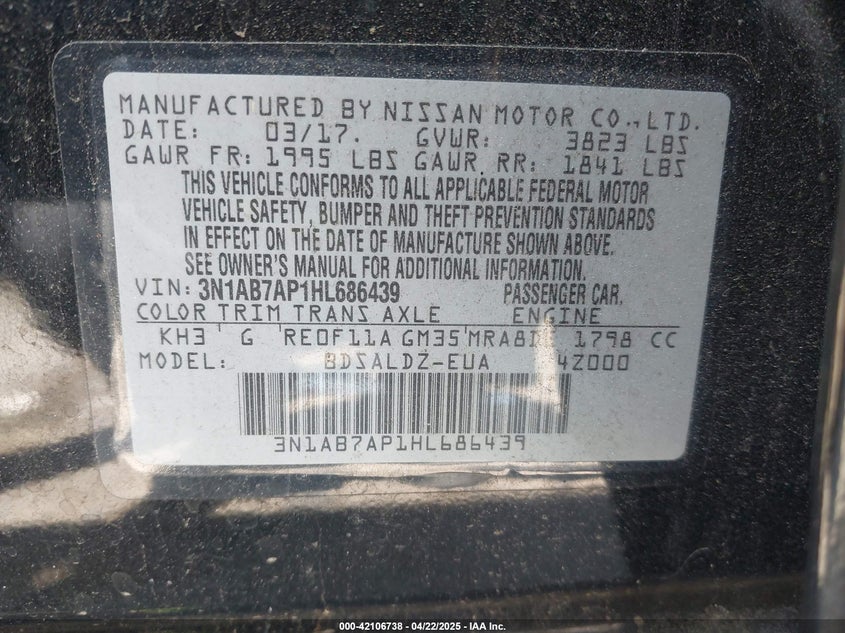 2017 NISSAN SENTRA VIN: 3N1AB7AP1HL686439