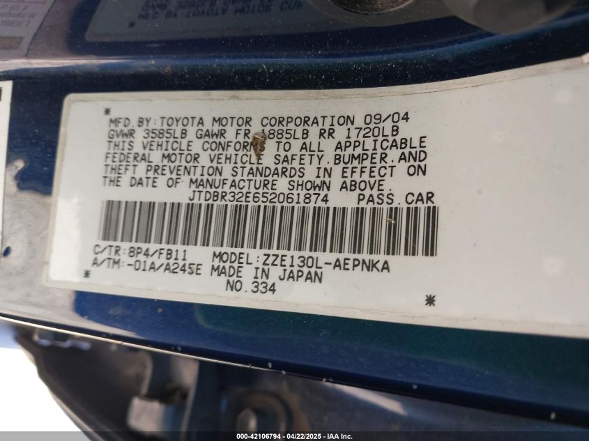 2005 Toyota Corolla Le VIN: JTDBR32E652061874 Lot: 42106794