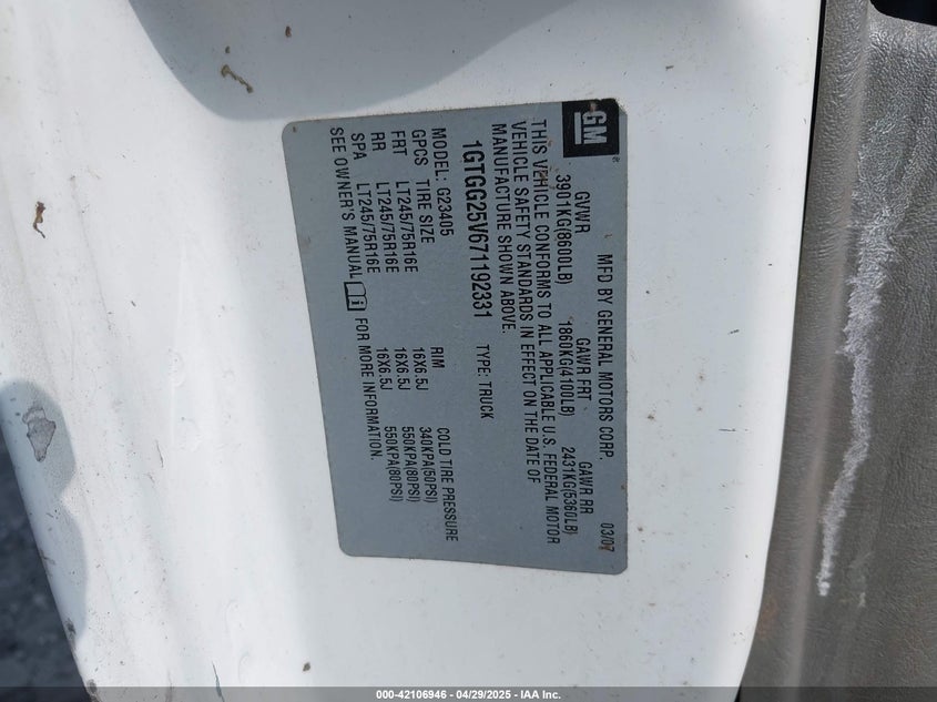 2007 GMC Savana Work Van VIN: 1GTGG25V671192331 Lot: 42106946