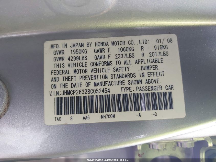 2008 Honda Accord Lx VIN: JHMCP26328H052454 Lot: 42106992