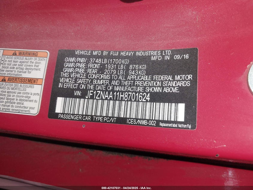 2017 TOYOTA 86 VIN: JF1ZNAA11H8701624