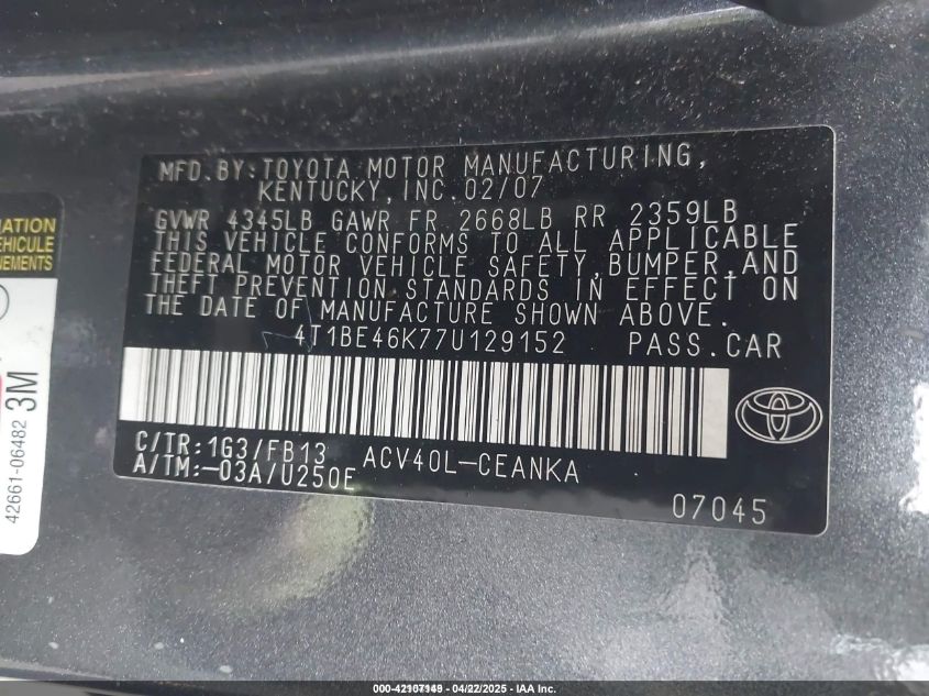 2007 Toyota Camry Le VIN: 4T1BE46K77U129152 Lot: 42107149