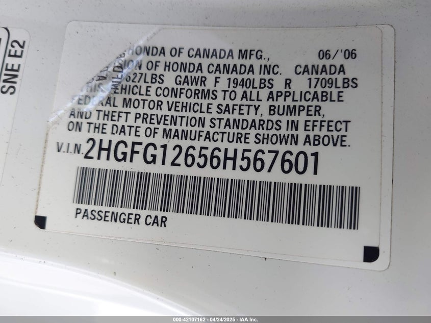 2006 HONDA CIVIC VIN: 2HGFG12656H567601
