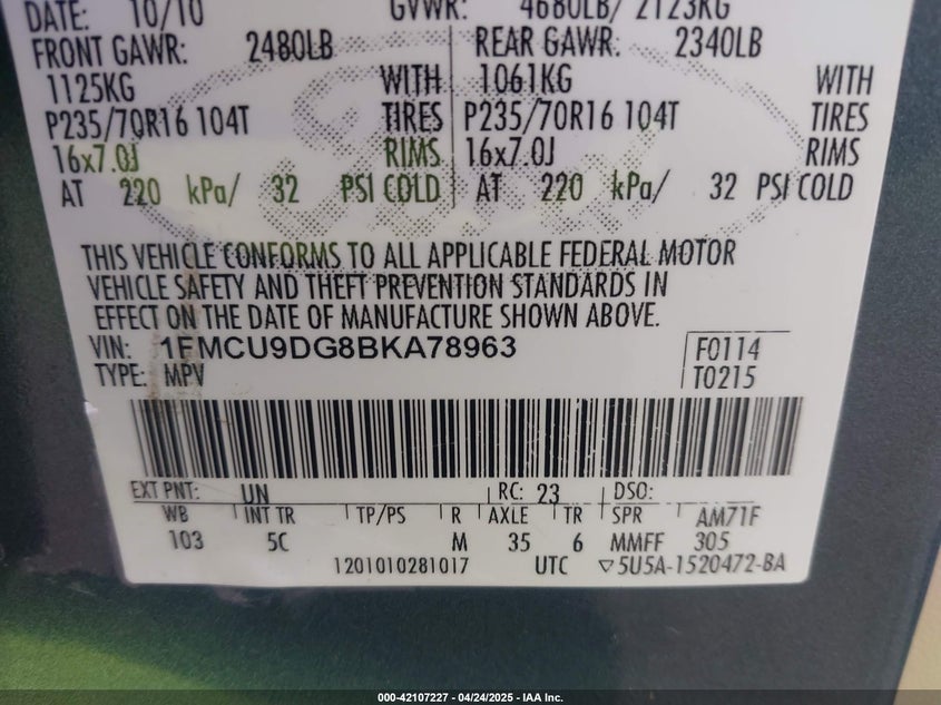 2011 FORD ESCAPE VIN: 1FMCU9DG8BKA78963